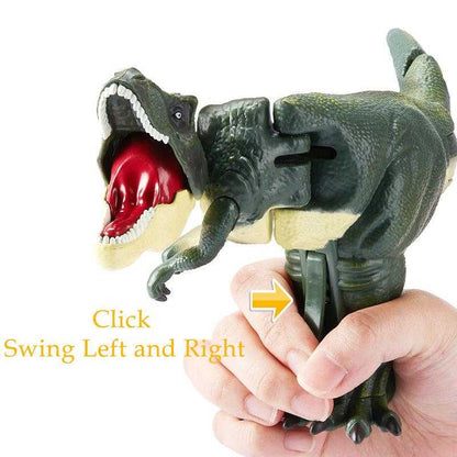 Dinosaur Spring Fidget Toy in dark green plastic with textured scales, cream underside, open red mouth and swinging limbs
