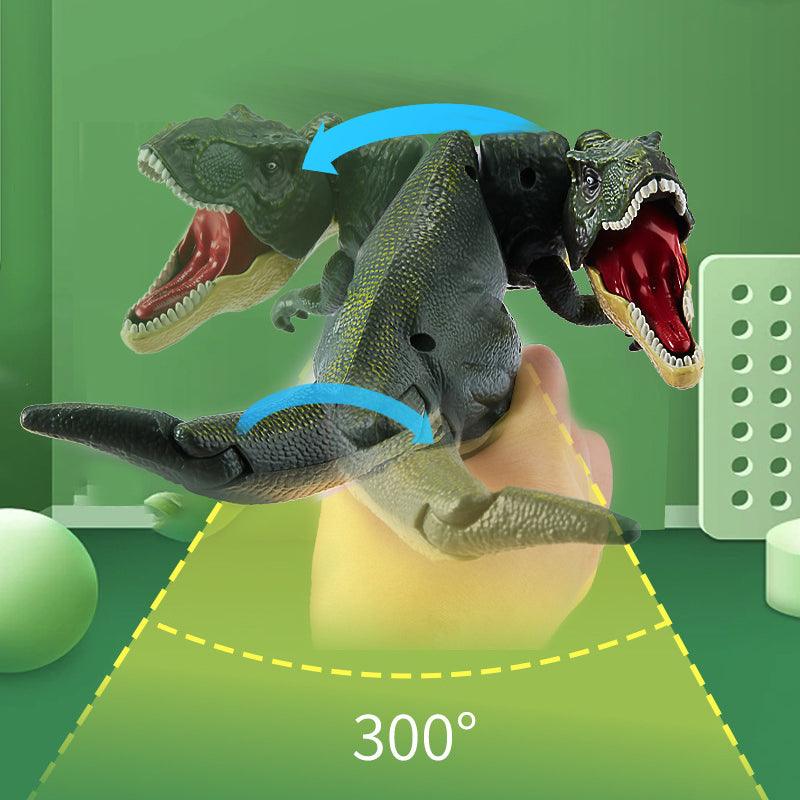 Dinosaur Spring Fidget Toy with textured green plastic body, open red mouth and articulated head and tail that swivel 300 degrees