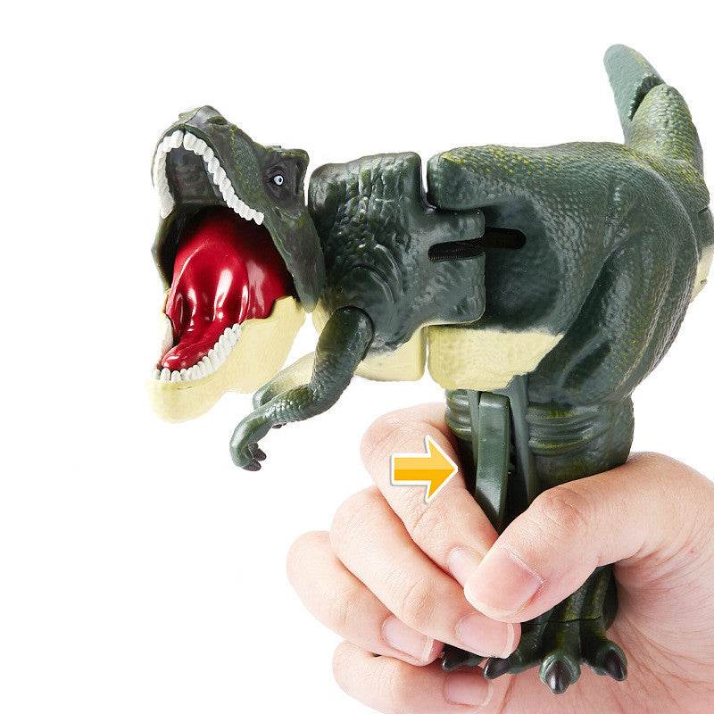 Dinosaur Spring Fidget Toy with a dark green plastic T-rex, open red mouth, cream underside and squeeze handle