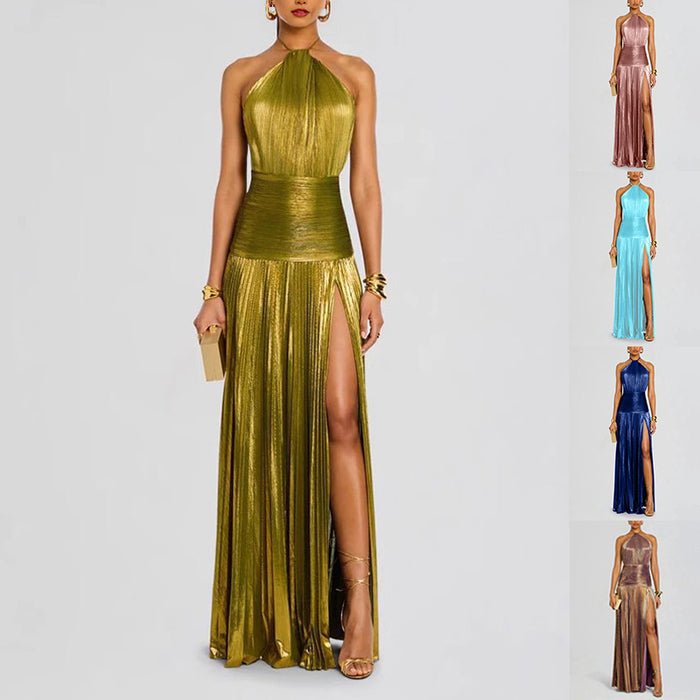 Pleated Halter Neck Long Evening Dress