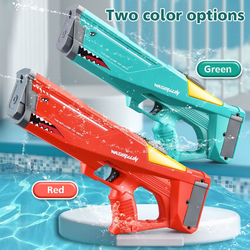 Electric Shark Water Gun in green and red plastic with shark-mouth graphics, fin-shaped details and pistol grips
