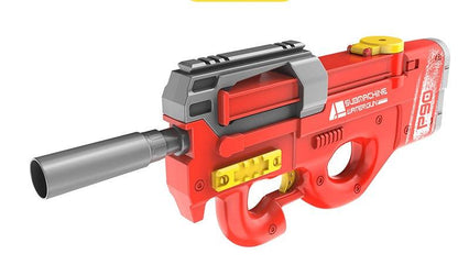 Electric Shark Water Gun in red plastic with gray barrel and top rail, yellow accents, and a futuristic blaster shape
