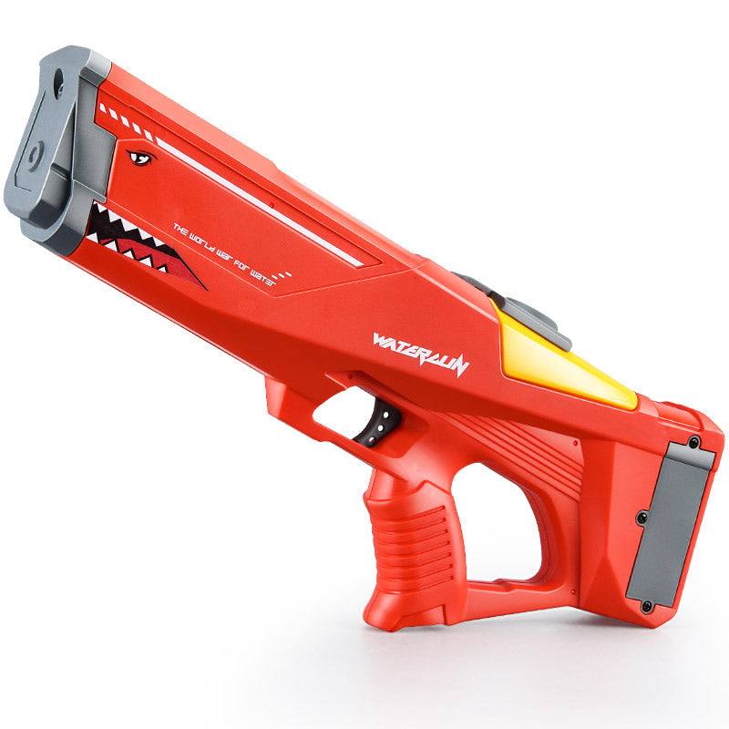 Electric Shark Water Gun in bright red plastic with gray accents, a shark eye and tooth graphics, and a yellow top panel