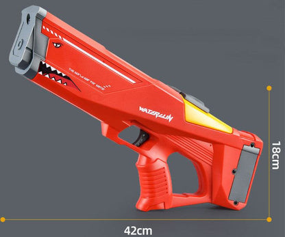 Electric Shark Water Gun in bright red plastic with a black shark mouth design, grey muzzle and yellow accent