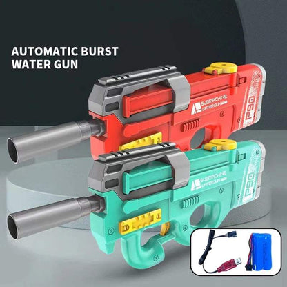 Electric Shark Water Gun with red and turquoise plastic bodies, grey barrels and yellow details in a sci-fi blaster design