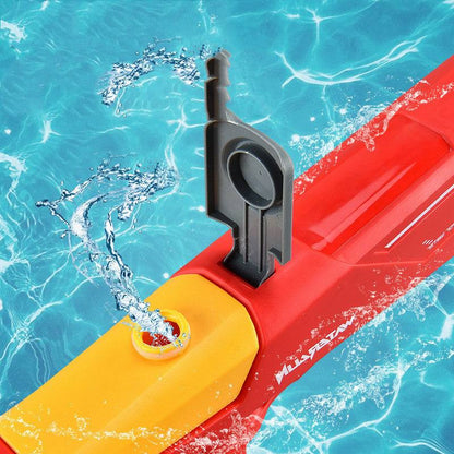 Electric Shark Water Gun with a bright red and yellow plastic body and raised black shark fin detail