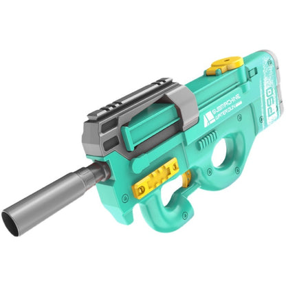Electric Shark Water Gun in bright turquoise plastic with yellow and dark gray accents, twin grips and a long nozzle