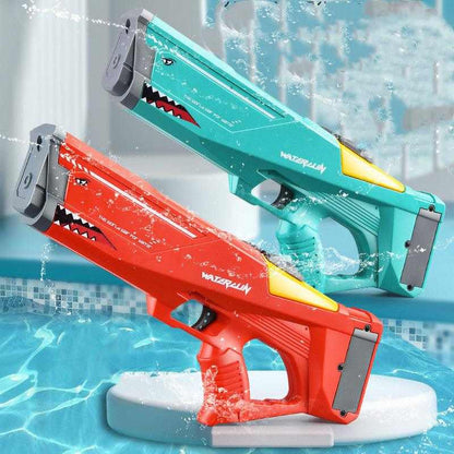 Electric Shark Water Gun pair in turquoise and red plastic, with shark teeth graphics, yellow accents and trigger grips