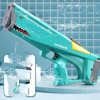 Electric Shark Water Gun in turquoise plastic with gray and yellow accents, shark eye and tooth graphics, and a ridged grip