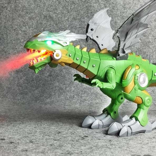Electric Sound & Light robot dinosaur in bright green plastic with gray wings and a glowing mist effect from its open mouth