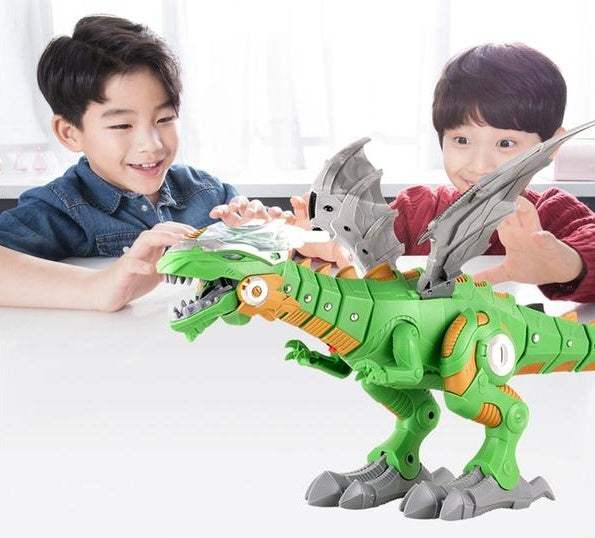 Electric Sound & Light robot dinosaur toy in bright green plastic with orange details and raised gray wings