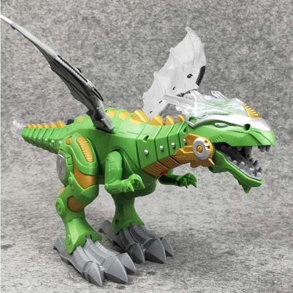 Electric Sound & Light robot dinosaur toy in green plastic with gray claws, a black wing, and white head crest