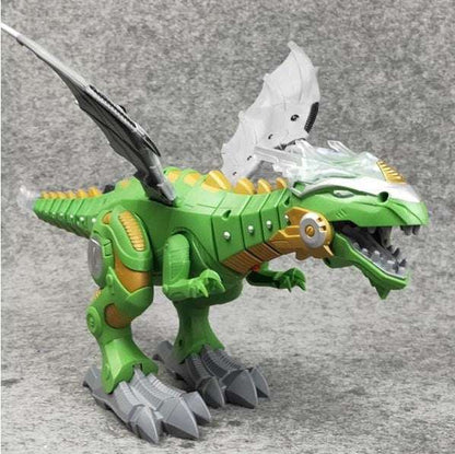 Electric Sound & Light robot dinosaur toy in green plastic with gray claws, a black wing, and white head crest