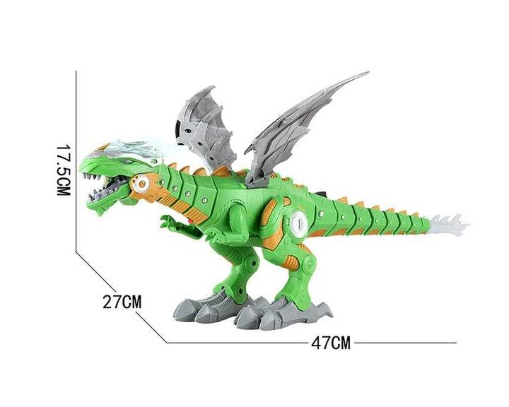 Electric Sound & Light robot dinosaur in green plastic with gray wings, orange details, articulated legs and a long tail
