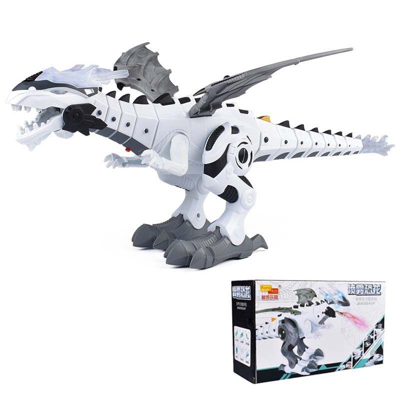 Electric Sound & Light robot dinosaur in white and grey plastic, with black mechanical details, wings, and a long tail