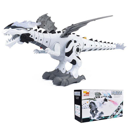 Electric Sound & Light robot dinosaur in white and grey plastic, with black mechanical details, wings, and a long tail
