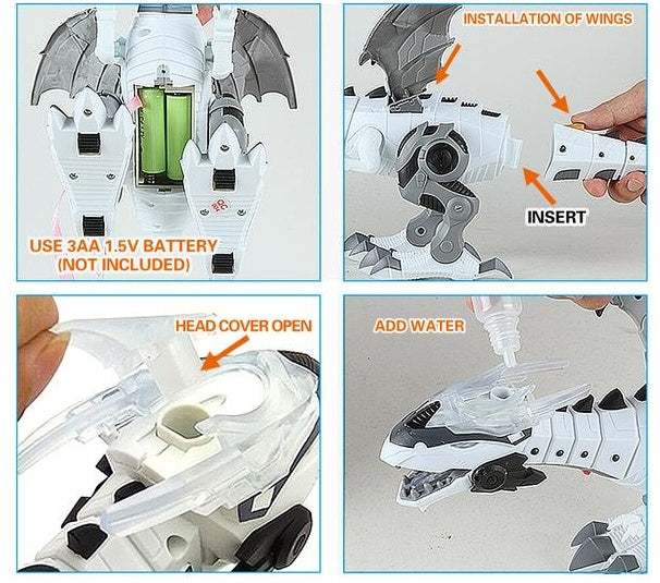 Electric Sound & Light robot dinosaur in white plastic with black accents and wings, showing battery and water-fill features.