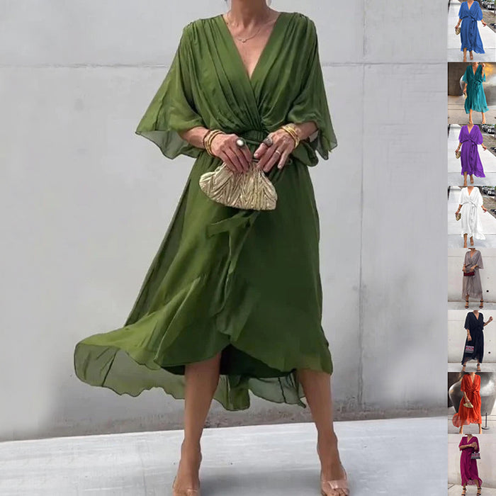 Batwing Sleeve V-Neck Tie-Front Maxi Dress