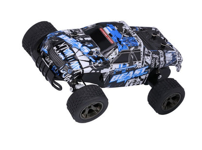High-Speed RC Off-Road Drift Car in black with blue and white graphics, rugged tires, and a compact truck-style body