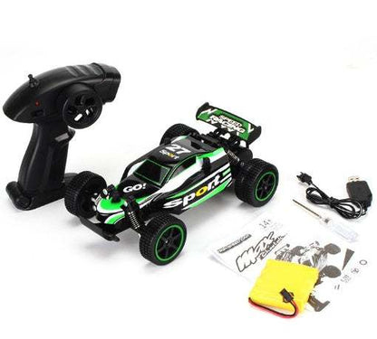 High-Speed RC Off-Road Drift Car in black and green with sporty decals, rugged tires, remote, battery and USB cable