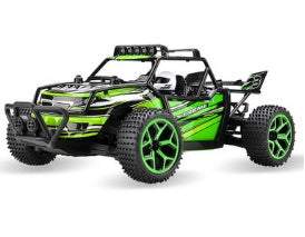 High-Speed RC Off-Road Drift Car in black and bright green with rugged tires, open roll cage, and sporty racing graphics.
