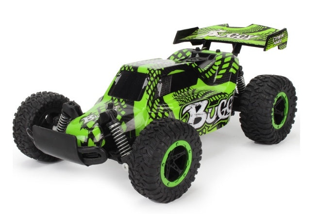 High-Speed RC Off-Road Drift Car in black and neon green with bold graphics, oversized treaded tires, and a rear spoiler