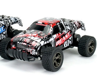 High-Speed RC Off-Road Drift Car in black with red and white racing graphics, oversized tires and rugged off-road body