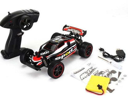 High-Speed RC Off-Road Drift Car in black, red and white with racing graphics, oversized tires, remote and accessories