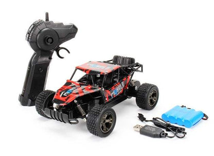 High-Speed RC Off-Road Drift Car in black and red with rugged tires, shown with a remote and blue battery pack