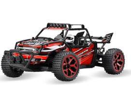 High-Speed RC Off-Road Drift Car in black and red with an open roll cage, roof lights, and rugged tires.