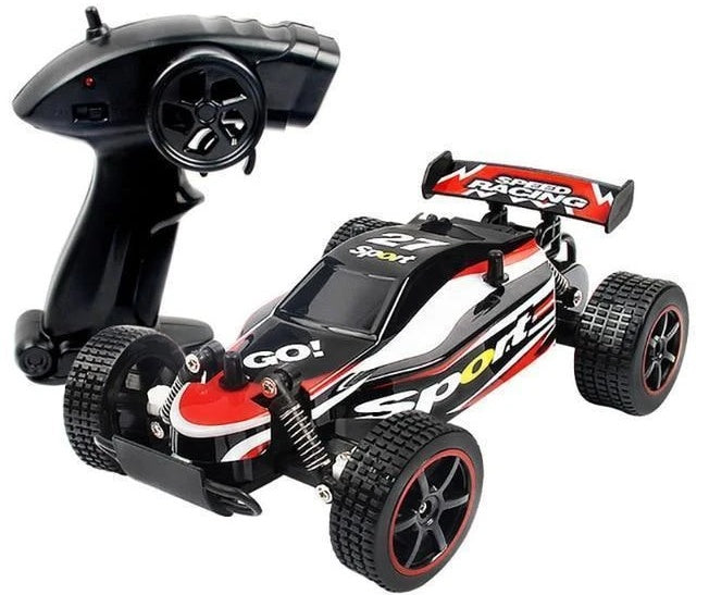 High-Speed RC Off-Road Drift Car with black, white and red racing graphics, chunky tires, rear spoiler and handheld remote