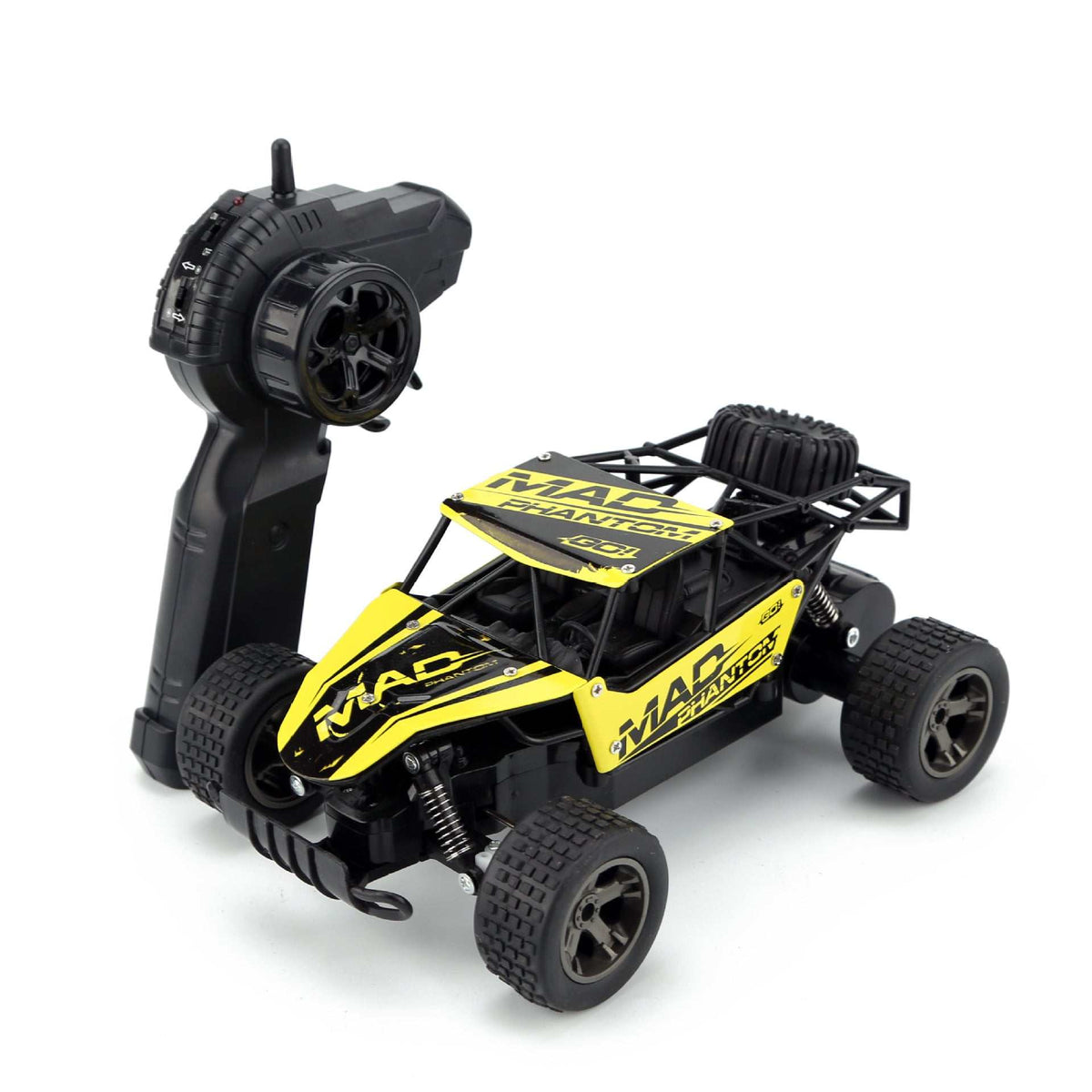 High-Speed RC Off-Road Drift Car in black and yellow, with chunky tires, exposed frame and handheld remote
