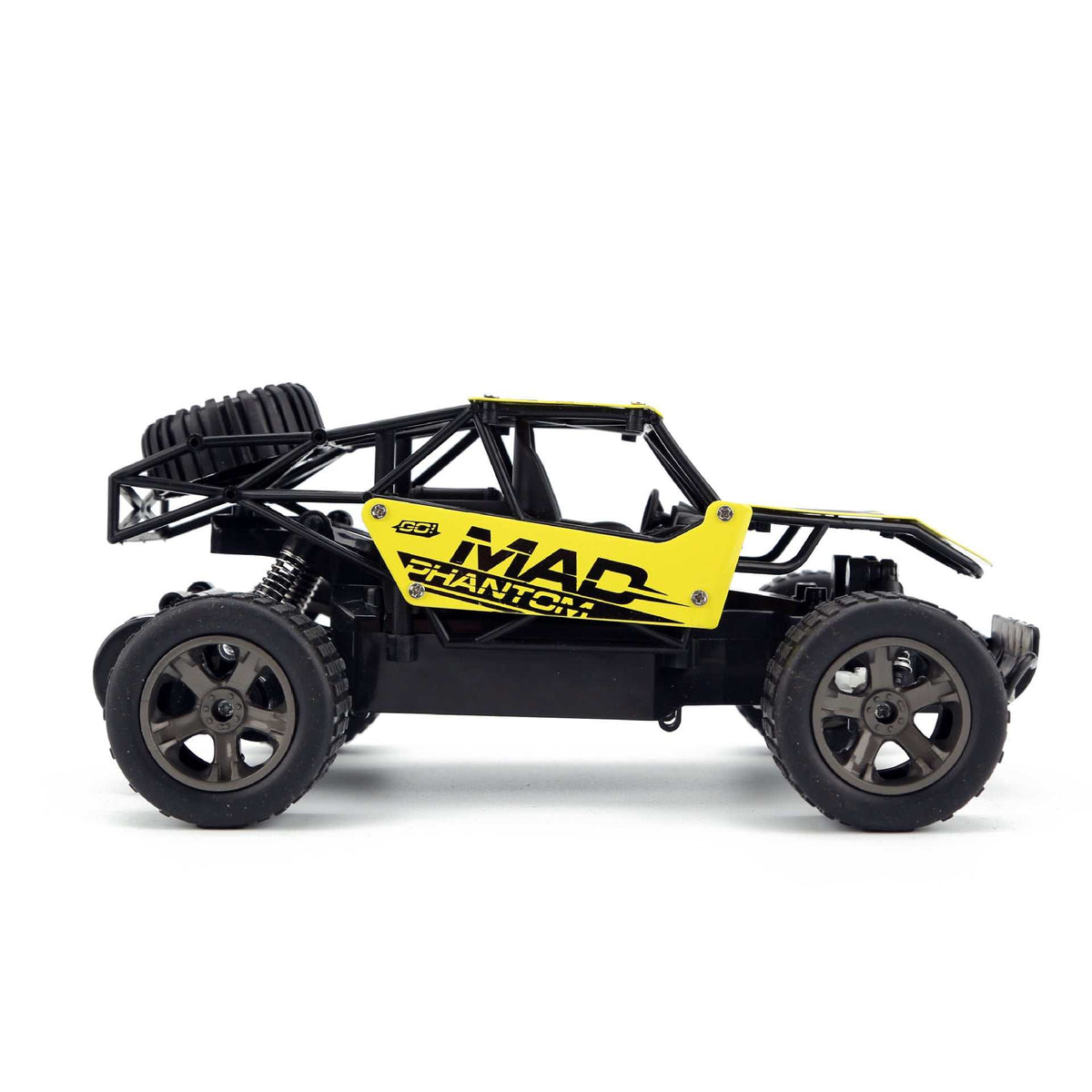 High-Speed RC Off-Road Drift Car with a black tubular frame, yellow side panels, and large rugged tires