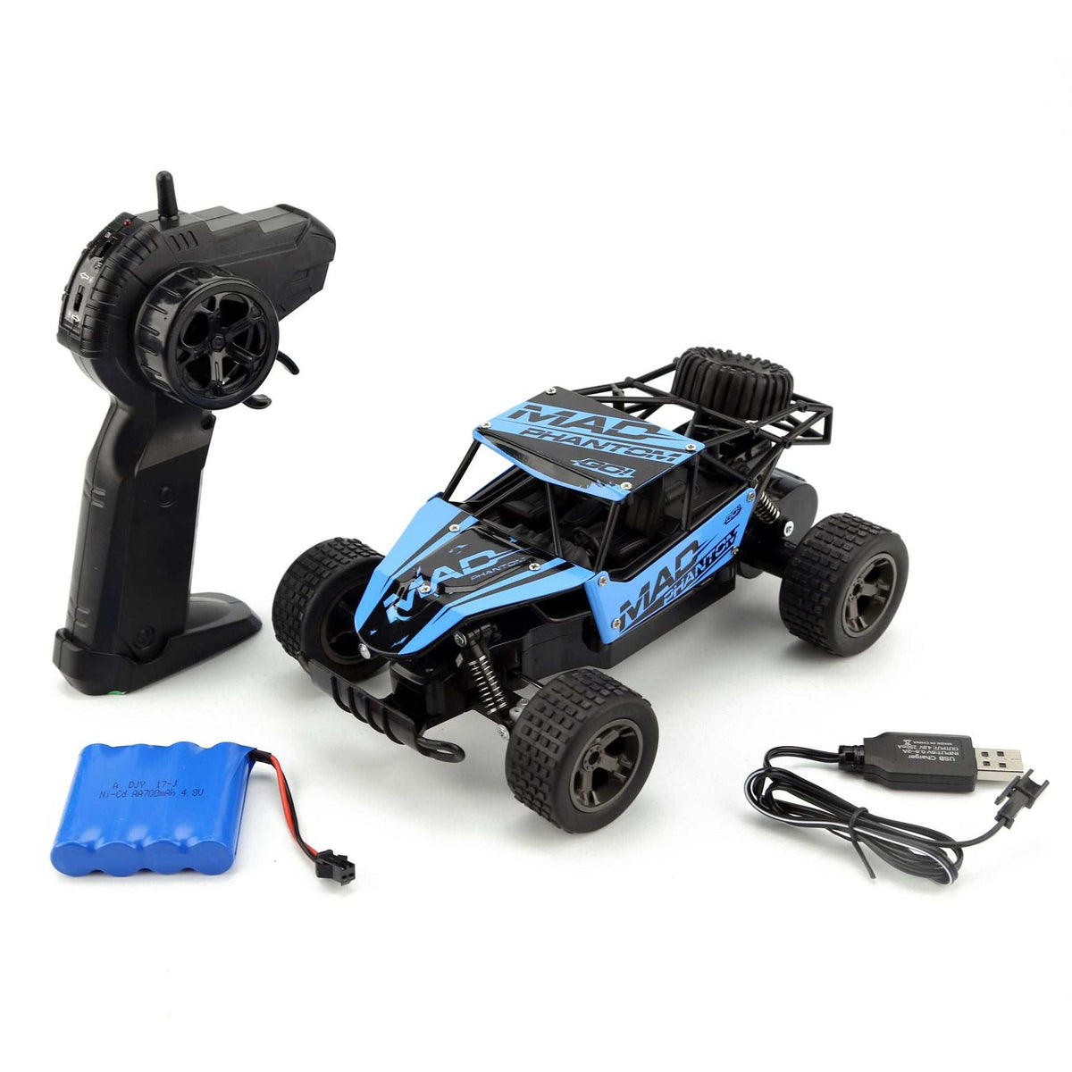 High-Speed RC Off-Road Drift Car in blue and black with rugged tires, open roll cage, remote control and battery
