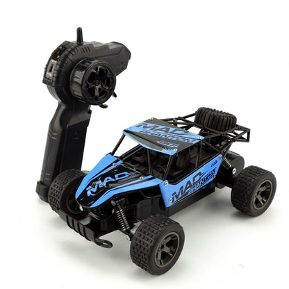 High-Speed RC Off-Road Drift Car with a blue and black body, rugged tires, roll cage, and handheld remote