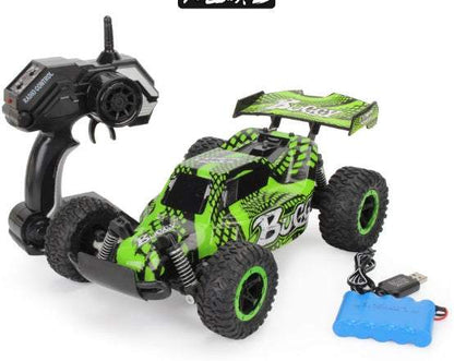High-Speed RC Off-Road Drift Car in bright green and black with rugged tires, rear spoiler, and remote control