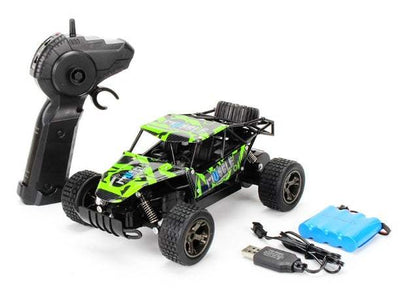 High-Speed RC Off-Road Drift Car in green and black with rugged tires, shown with a remote control and blue battery pack
