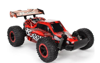 High-Speed RC Off-Road Drift Car in red and black with graphic decals, chunky tires, suspension springs and rear spoiler