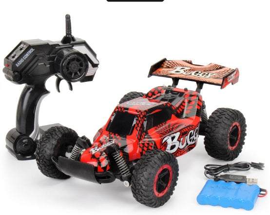 High-Speed RC Off-Road Drift Car in red and black with rugged tires, racing graphics, rear spoiler, and remote