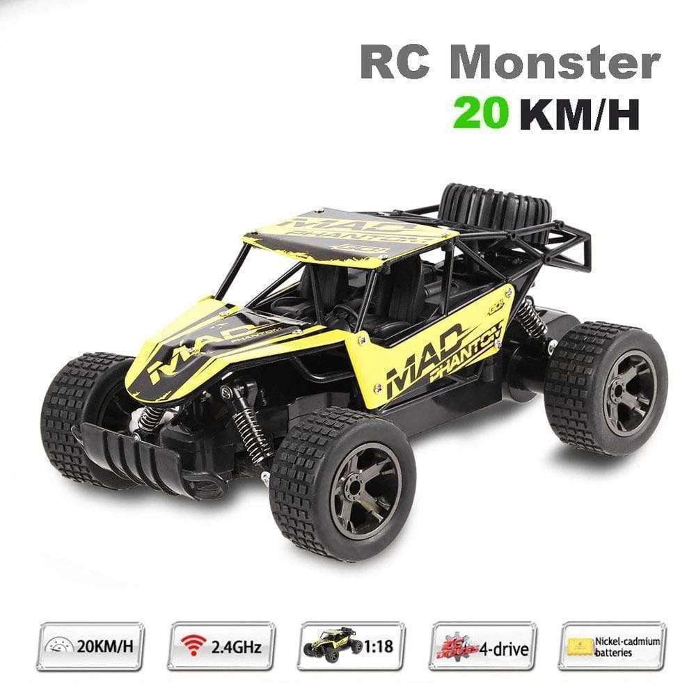 High-Speed RC Off-Road Drift Car in yellow and black with rugged tires, open buggy body and rear roll bars