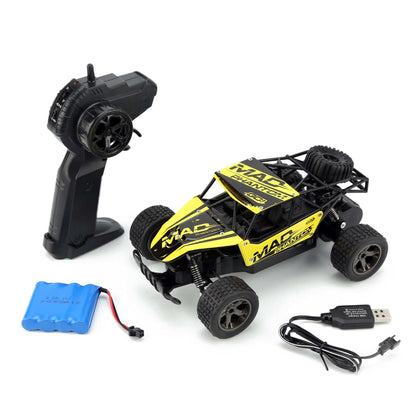 High-Speed RC Off-Road Drift Car in yellow and black with rugged tires, shown with a remote, battery pack and USB cable