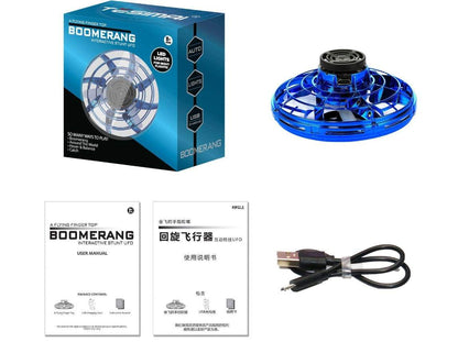LED Fingertip Gyro Spinner Toy with a blue circular cage, black center, packaged with USB cable and instruction booklets