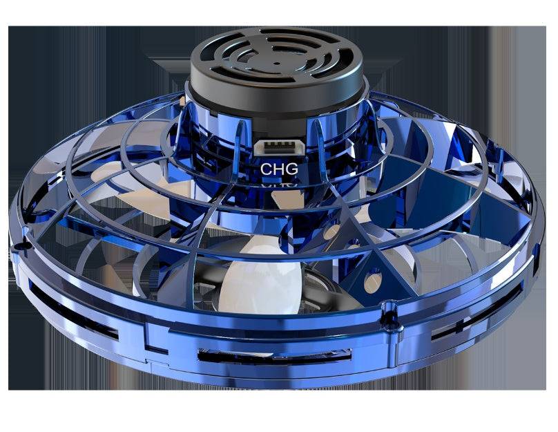 LED Fingertip Gyro Spinner Toy in translucent blue plastic with a circular protective frame and a central charging port