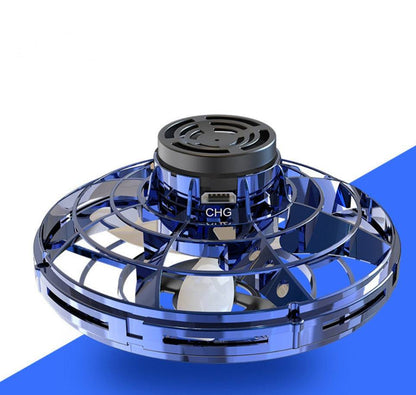 LED Fingertip Gyro Spinner Toy with a translucent blue circular cage, black top cap and visible USB charging port