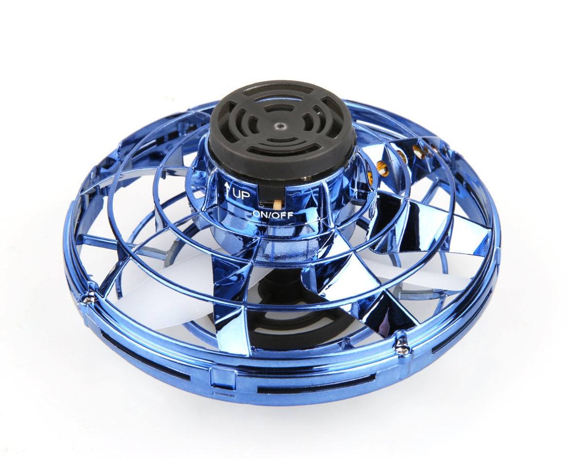 LED Fingertip Gyro Spinner Toy with a translucent blue plastic cage, black central hub, and built-in lights