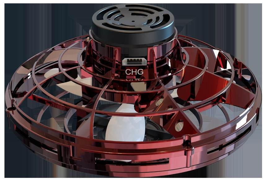 LED Fingertip Gyro Spinner Toy with a translucent red circular cage, black top cap, and visible charging port