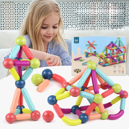 Magnetic Building Blocks Set with bright multicoloured plastic rods and round magnetic connectors, shown in playful structures