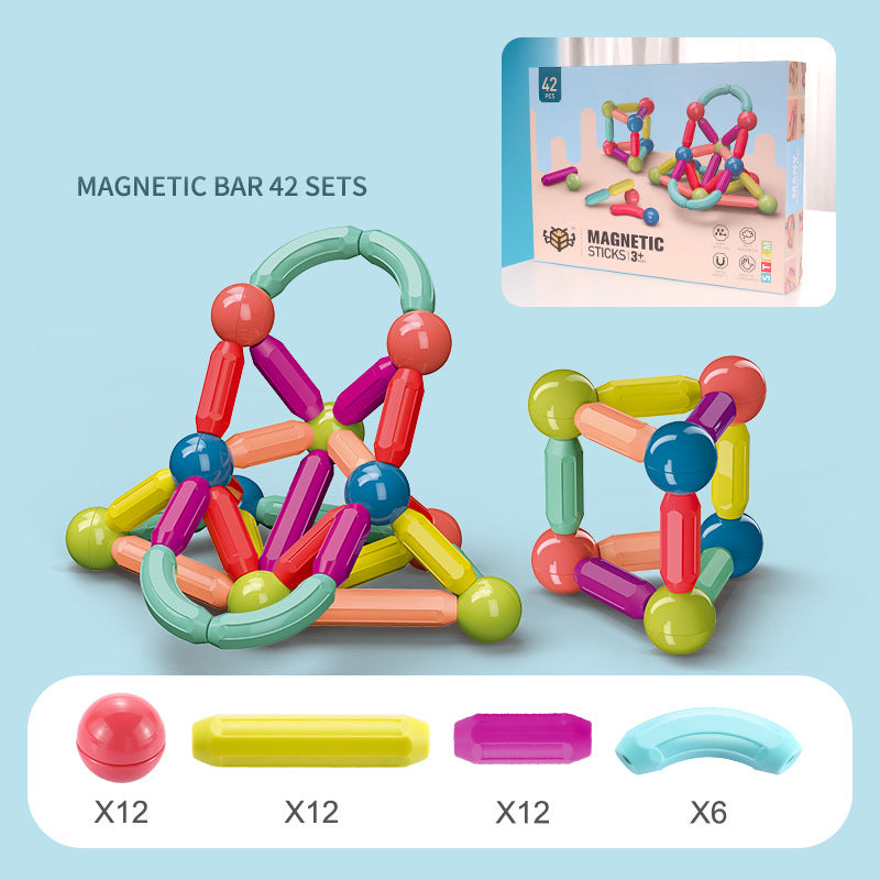 Magnetic Building Blocks Set with colorful plastic rods, curved connectors and ball joints, shown in sample builds