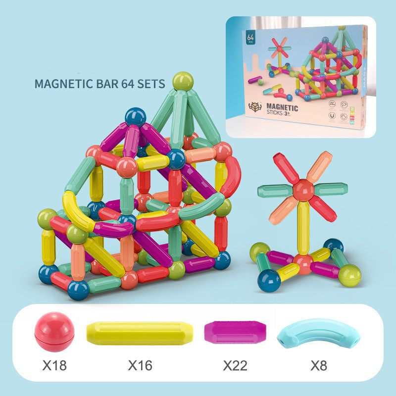Magnetic Building Blocks Set featuring colorful plastic rods and rounded connectors, with curved pieces for creative builds.