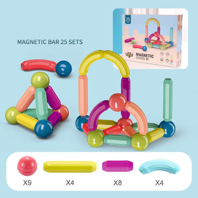 Magnetic Building Blocks Set with colorful translucent plastic bars, curves and spheres for creative construction